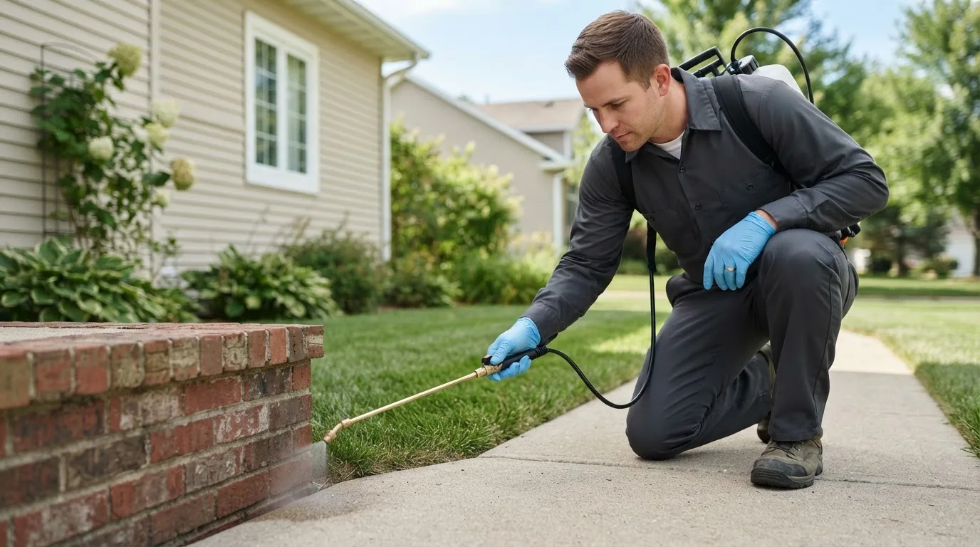 Pest control technician treating a home near Newfane, VT